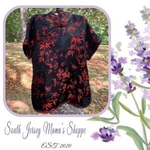 Vintage 1970s Size XL Kevin-T Chinese Black & Red Floral Top (C60)